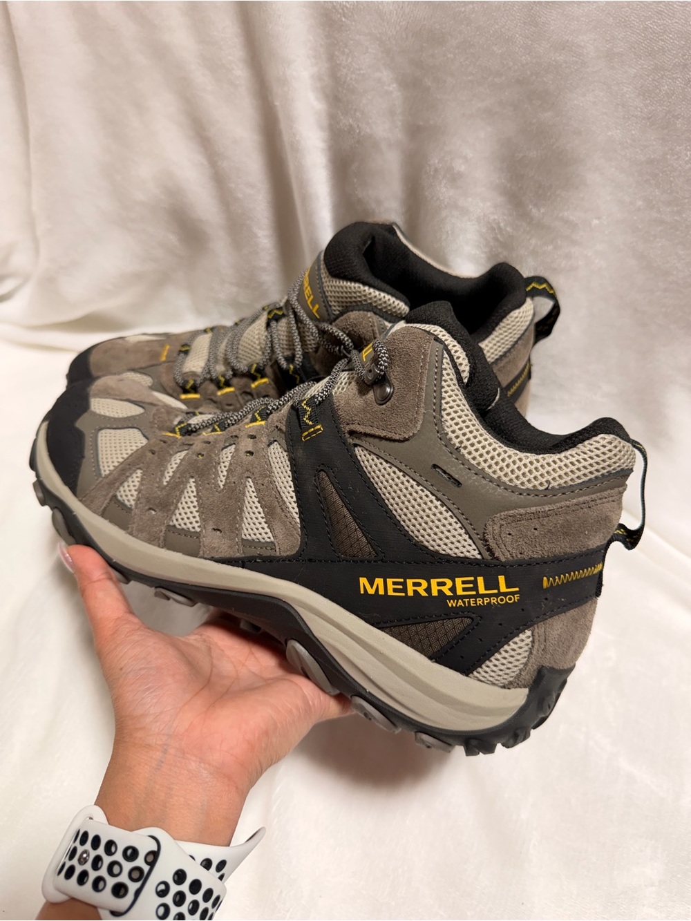 Merrell Men's Hiking Boots in Taupe, Black & Yellow Accents - Picture 12 of 13